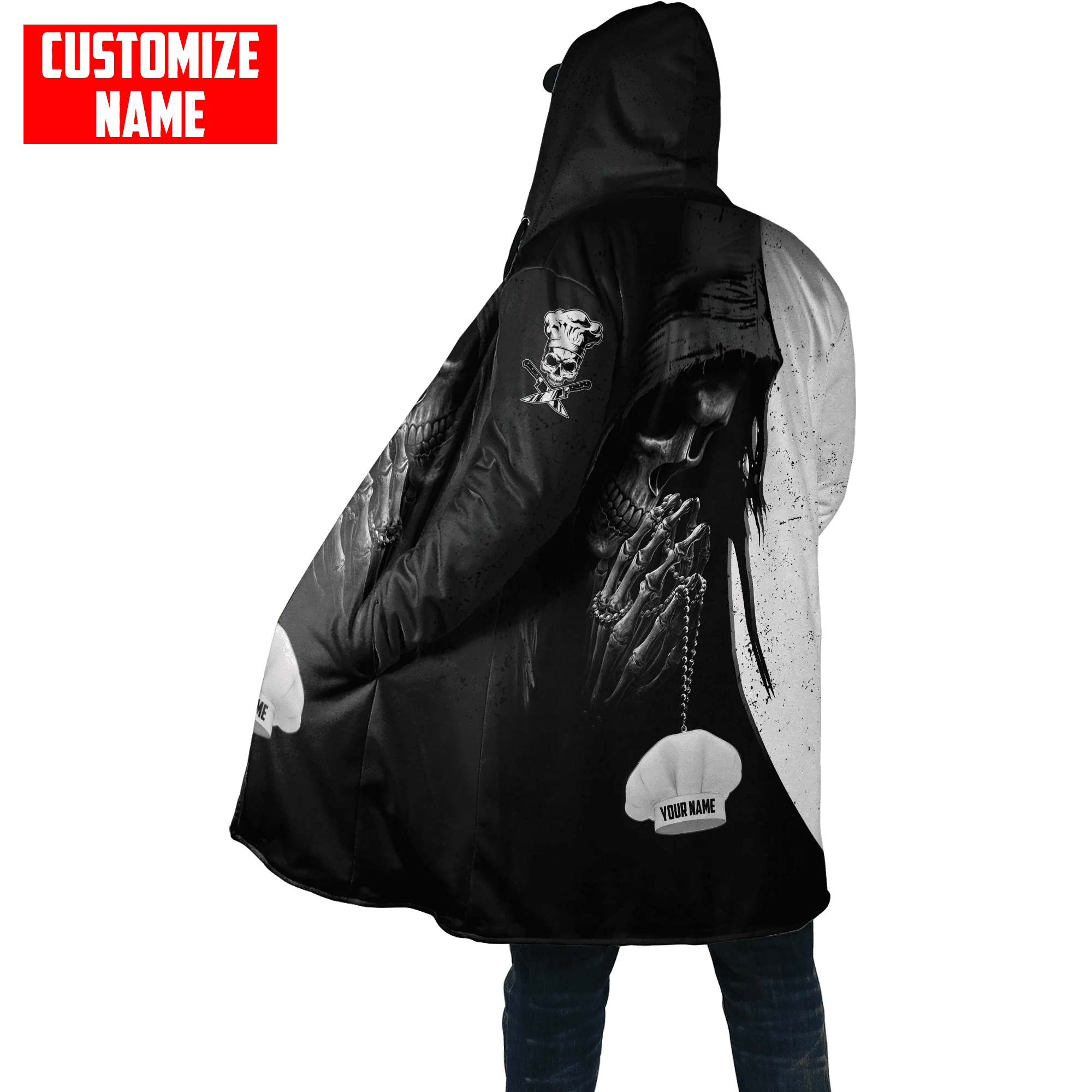 Winter Mode Herren Mantel Benutzerdefinierte Name Reaper Schädel Chef 3D Gedruckt Fleece Mit Kapuze mantel Unisex Casual Dicke Warme Cape mantel PJ-05 – Detail 5