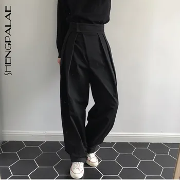 

SHENGPALAE 2020 New Summer Vintage Joggers Sweatpants Harajuku Woman High Waist Pleated Slant Placket Wide Leg Trousers ZA2883