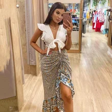 Высокая талия юбка макси в стиле бохо летняя с рюшами цветочный принт длинная юбка богемная рубашка асимметричный разрез цветок юбка низ