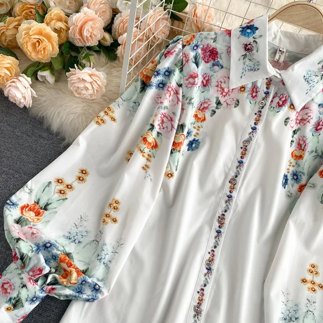 Spring Autumn New Women Vintage Designed Blouses Printed Lantern Long Sleeves Single Breasted Loose Shirt Tops Ladies