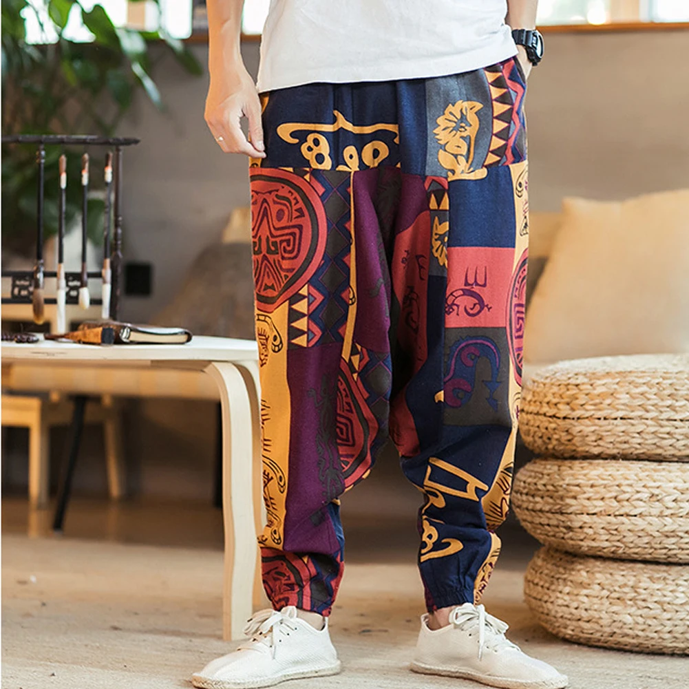 Модные мужские мешковатые Хлопковые Штаны-шаровары в богемном стиле, мужские брюки в стиле хип-хоп, широкие повседневные длинные брюки, винтажные кросс-брюки