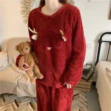 QWEEK Christmas Elk Pajamas for Women Winter Velvet Pijamas Cute Sleepwear Two Piece Set Pyjamas Kawaii Nightwear Female Suit