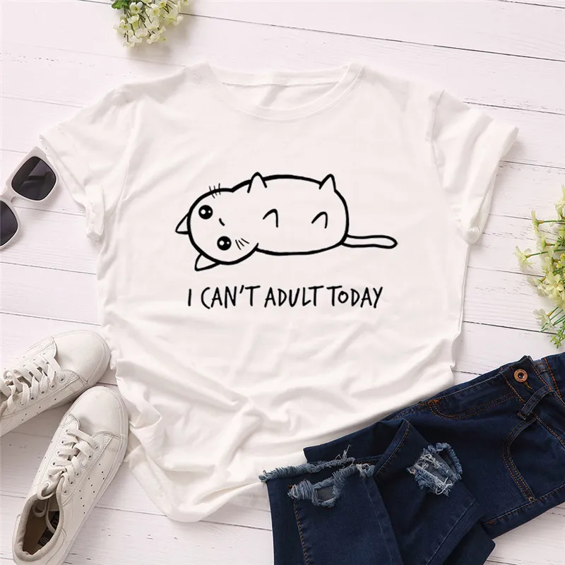 Plus Size S-2XL New Lovely Cat Letter Print T Shirt Women Cotton O Neck Short Sleeve Summer T-Shirt Tops Casual Tshirt