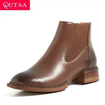 

QUTAA 2021 Autumn Winter Slip on Women Shoes Cow Leather Fashion Ladies Pumps Casual Round Toe Square Heel Ankle Boots Size34-42
