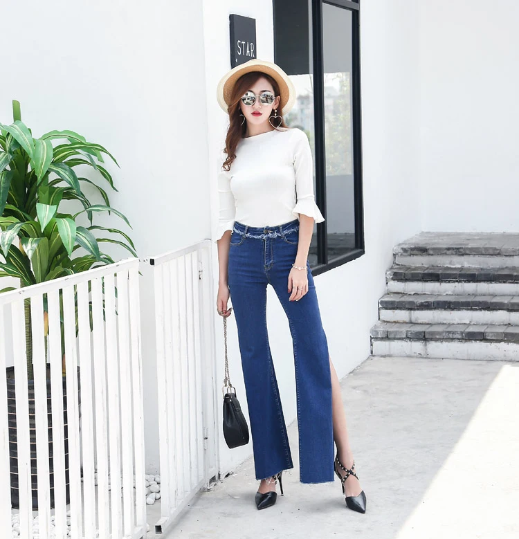 Autumn Personalized Women Side Slit Jeans High Waist Cool Denim Wide Leg Pants Trousers Boyfriend Jeans for Women WICCON
