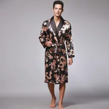 Kimono de seda de verano y otoño para hombre, albornoz de satén con dragón dorado, largo hasta la rodilla, bata de baño negra de manga larga, bata para dormir