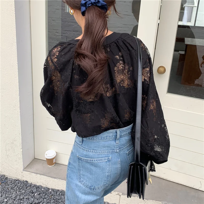 2021 Spring Women Shirts Fashion Carved Lantern Long Sleeve Autumn Black Lace Shirt Tops Loose Blouse Cardigan Clothes 10202 3