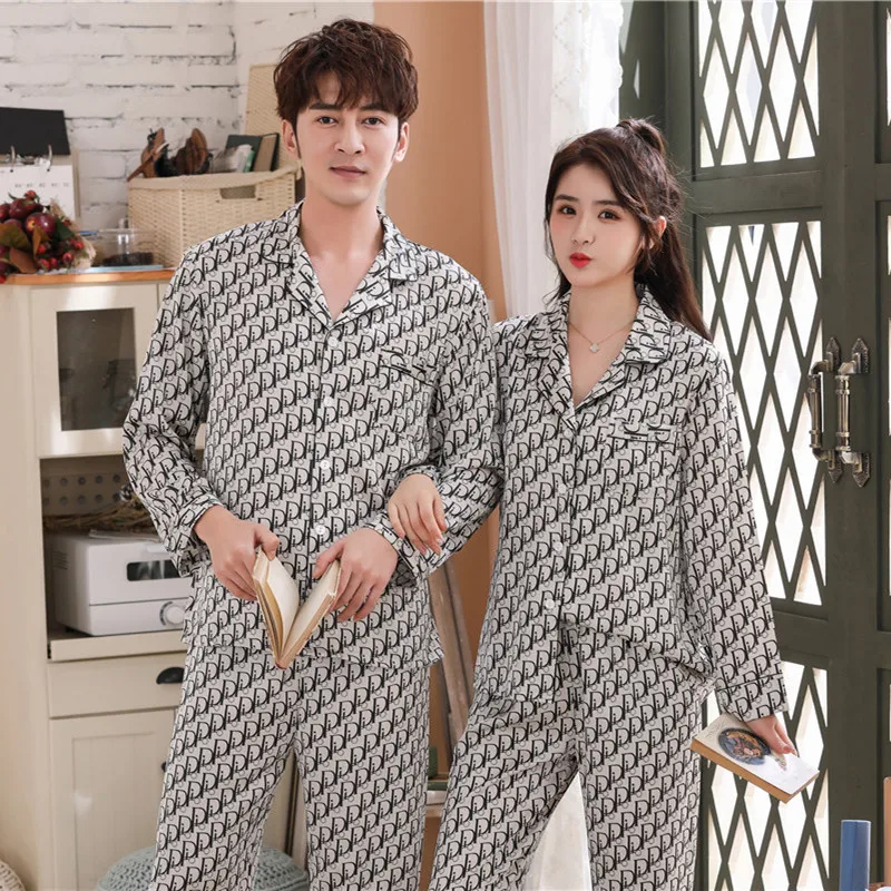 

2020 New Style Imitated Silk Fabric Couples Pajamas Printed Lettered Long Sleeve Two-Piece Set Satin Luxury Men And Women Home W
