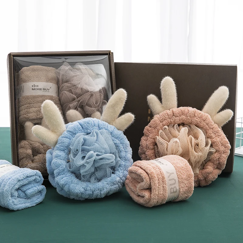 

3pcs/Set Wash Face Hair Holder Hairbands and bath towels Soft Warm Coral Fleece Antlers Headband For Women Girls Hair Fashion