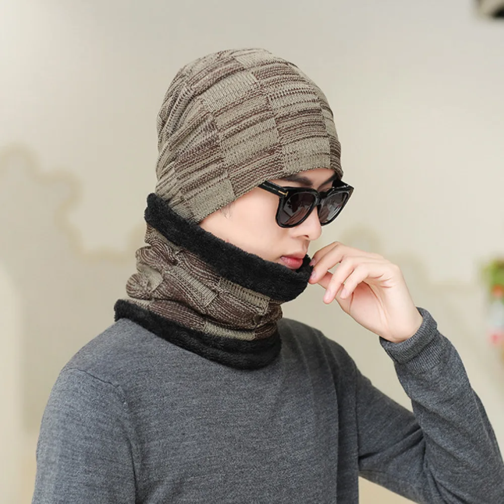 2 шт., зимняя теплая шапка, шарф, набор для мужчин, Skullies Beanies, плюс бархат, толстая зимняя шапка, шарф, вязаная шапка, шапочка унисекс