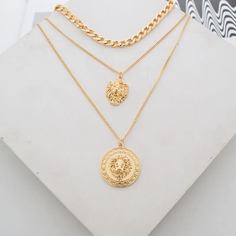 

Punk Style Statement Metal Gold Color Chain Multi Layer Necklaces Lion Pattern Round Coin Pendant Necklace For Women Party