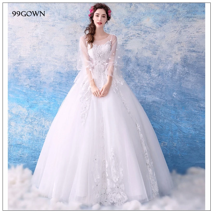 99GOWN, простое 2019 свадебное платье для женщин, рукав три четверти, расклешенный рукав, а-силуэт, Свадебное бальное платье, вышивка на