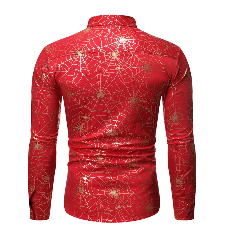 Золото паутина Фольга рубашка с принтом Для мужчин Camisa Masculina брендовая приталенная одежда с длинным рукавом, Мужская одежда, рубашки, черные социальные рубашки мужские