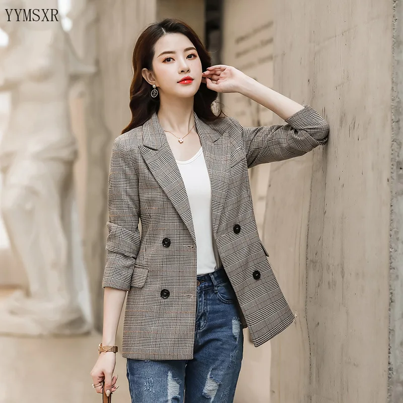 Hot Product Fashion lady professional small suit feminine jacket 2020 New High-Quality Slim Double-Breasted Plaid Children's Blazer Female