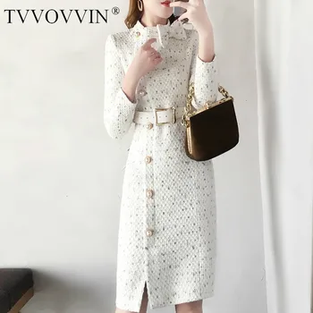 

Brand Wool Women Elegant Package Hip Dress Vestidos Pearl Single-breasted Tweed Bow Stand Collar Long Sleeve Sashes Dress L374