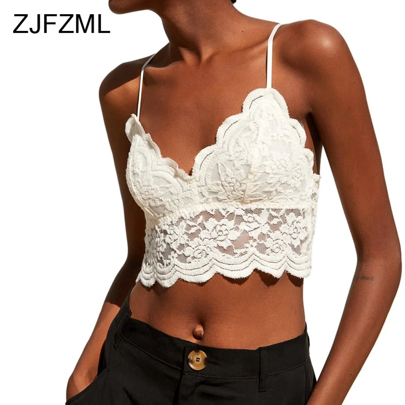 

See Through Lace Spliced Camis Women Spaghetti Strap Deep V Neck Crop Tops Autumn Backless Elastic Black White Sexy Tees Shirt