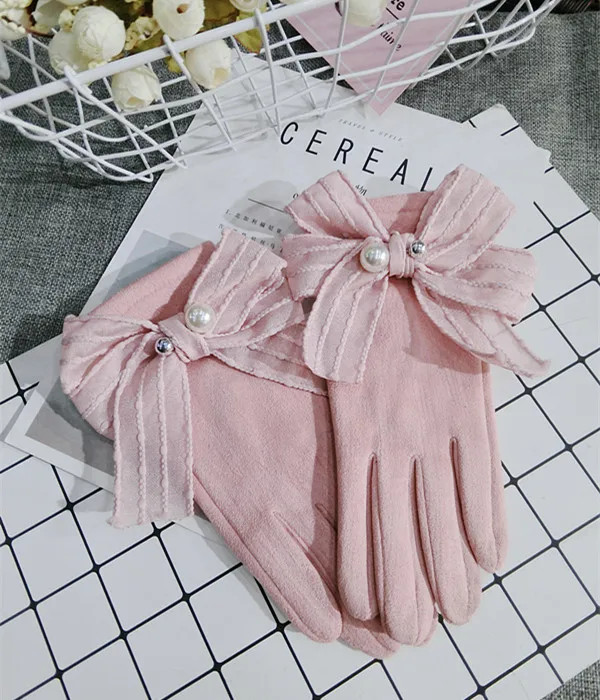 pink Женские зимние перчатки, замшевые, с сенсорным экраном, с пятью пальцами, замшевые, одноцветные, с бантом, размер жемчуга, милые, теплые, модные водительские перчатки - Цвет: pink