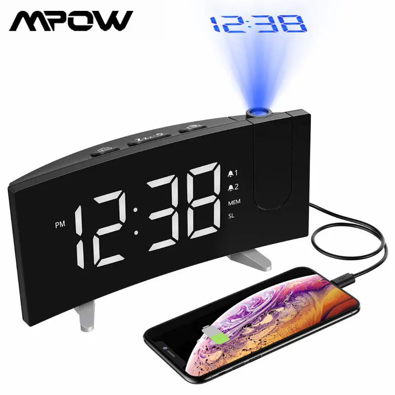 Mpow проекция светодиодный цифровой будильник fm радио 5 дюймовый экран с