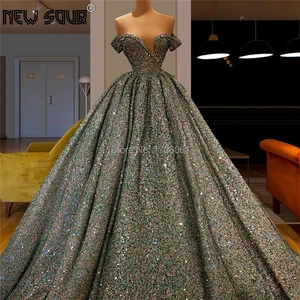 Image 1 - Vestidos 2020 Green Glitter Puffy Prom Dresses Couture Dubai Evening Dress Robe De Soiree Kaftans Formal Party Gown Middle East