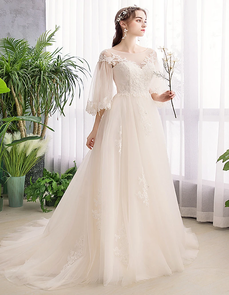 Женские сапоги средней длины с длинными рукавами Новая robe de marie с кружевной аппликацией-трапеция с коротким и длинным подолом, свадебные платья для невесты свадебное платье vestido de noiva