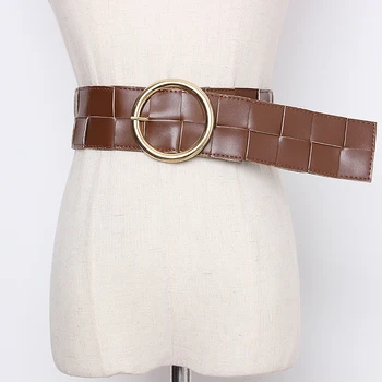 

Women designer belt handmade weave wide belts new 2019 metal round buckle + PU waistband corset brown gray khaki