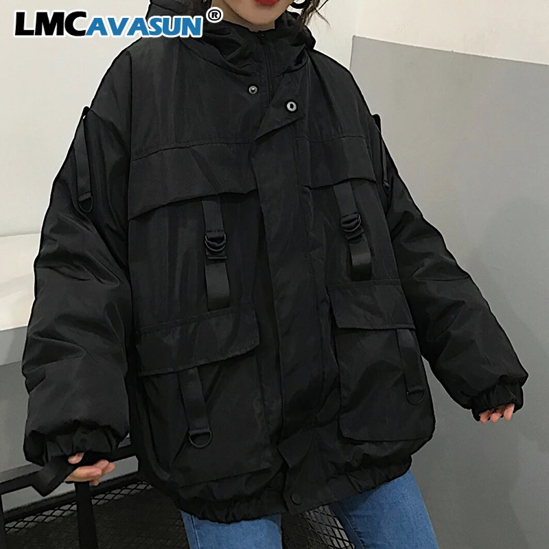 LMCAVASUN Harajuku Хип-хоп карго парка зимняя Корейская утепленная куртка с капюшоном Новая Черная уличная одежда BF стиль пальто Верхняя одежда