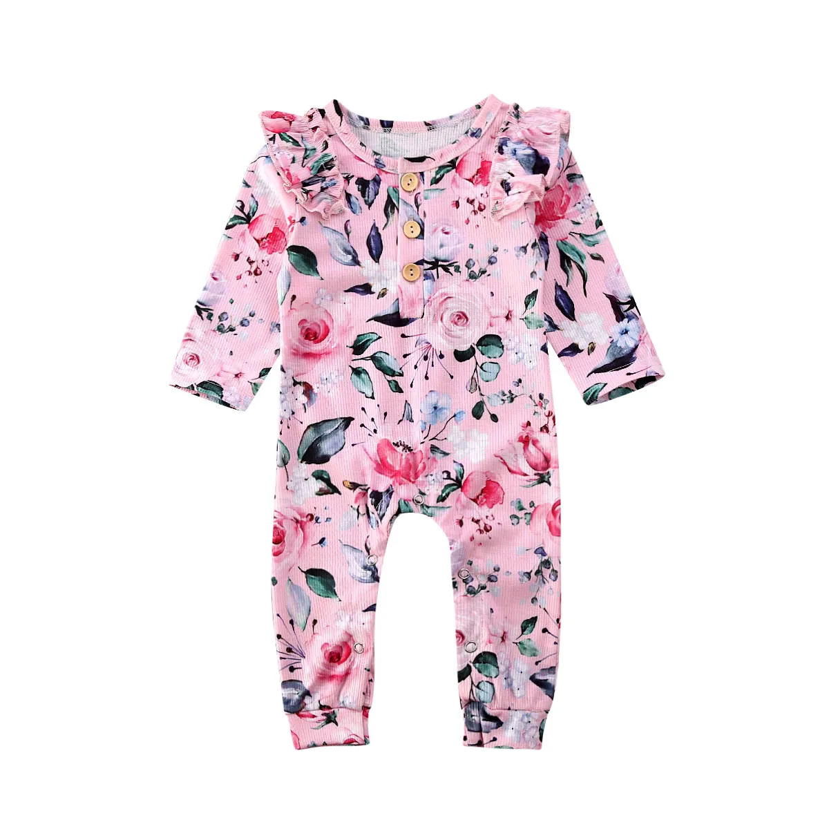 

6-24M Princess Baby Girls Rompers Cotton Fly Long Sleeve Jumpsuits Ruffles Toddler Flower Printed Button One Piece Fall Outfits