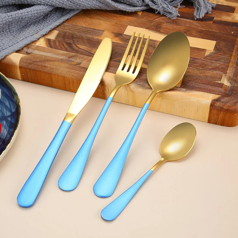 Blue Gold Tofok 4 шт./компл. набор посуды из нержавеющей стали дорожные столовые приборы нож вилка ложка кухонная посуда портативная Свадебная посуда - Цвет: Blue Gold