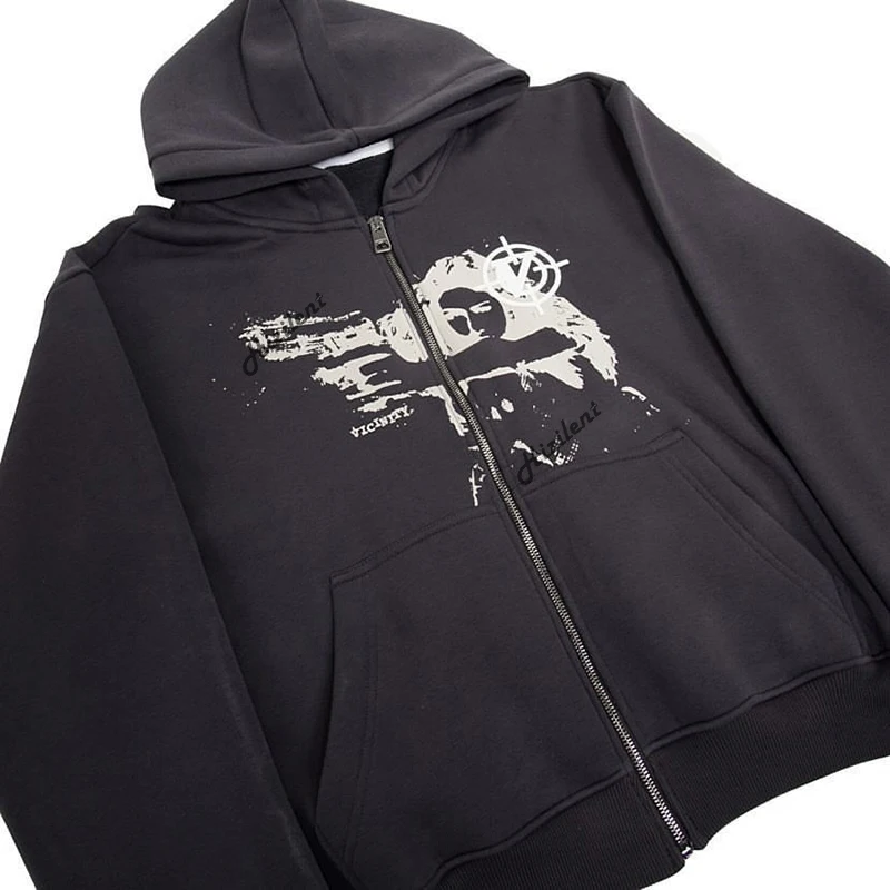 Anime print Gothic Streetwear Long Sleeve Black Zip Hoodie Y2k Grunge clothes Sweatshirt Korean Fashion Punk Sport Coat Pullover