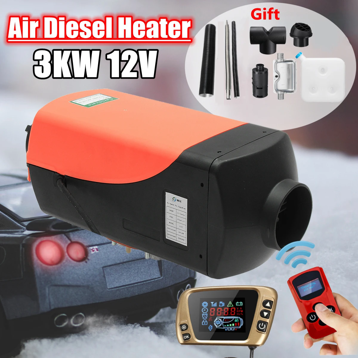 

KROAK 3kw 12V Diesels Air Parking Heater Air Heating LCD Switch with Silencer and Remote Control For Boats Car Trailer Heater
