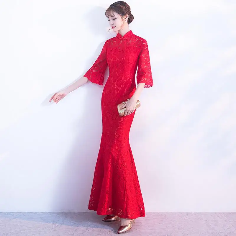 Красный китайский традиционный для женщин рыбий хвост Qipao невесты свадебное платье Элегантный кружево Мандарин воротник Cheongsam Vestidos De Festa - Цвет: Style 12
