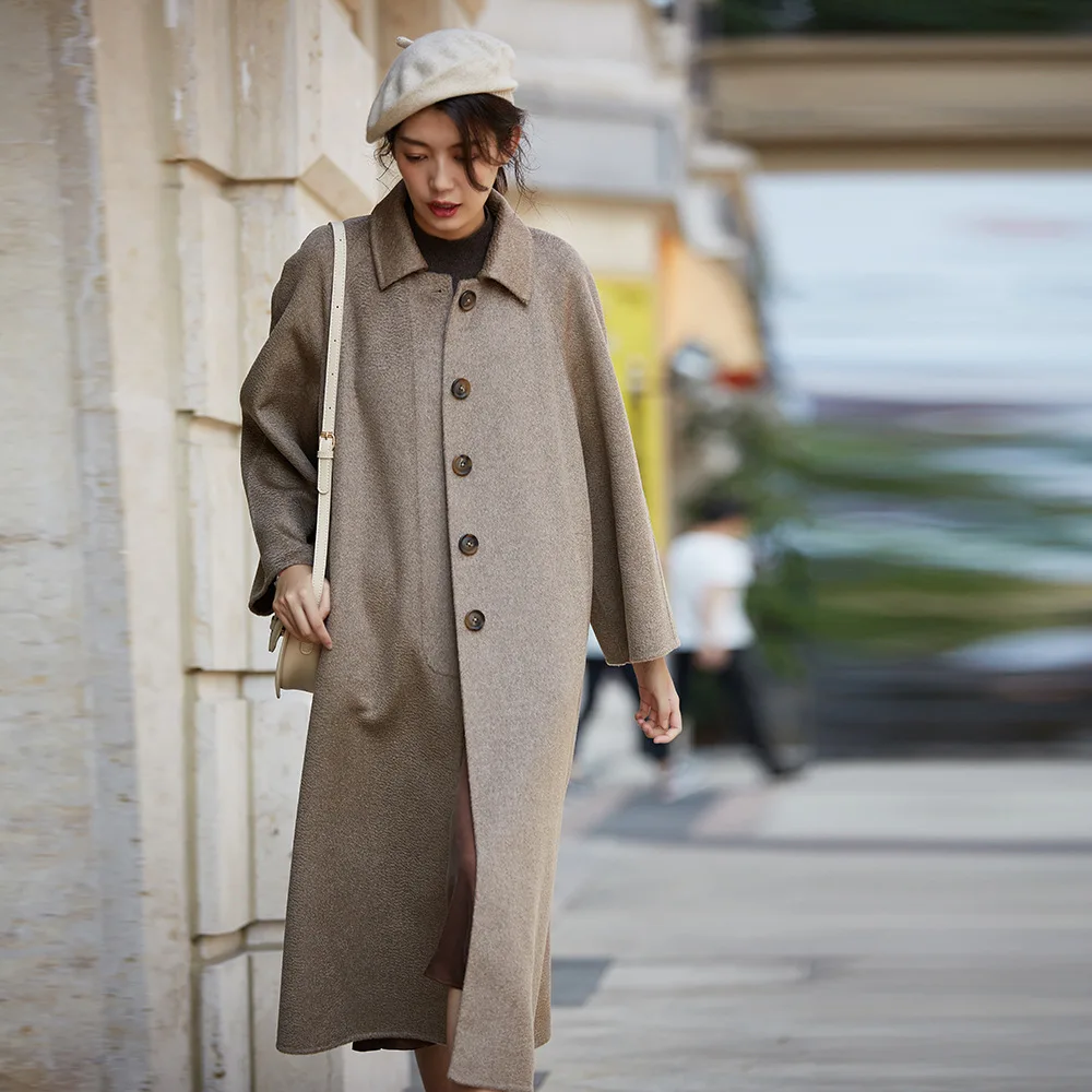 Зимние женские пальто, классическое Ретро двухстороннее кашемировое пальто, одноцветное шерстяное пальто с поясом, волнистое кашемировое пальто для женщин 8513 - Цвет: Coffee Color