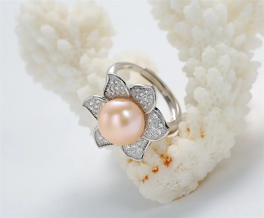 Dainashi Gorgeous 925 Sterling Silver Flower Zircon Crystal Adjustable Ring Luxury Genuine Freshwater Cultured Pearl Ring