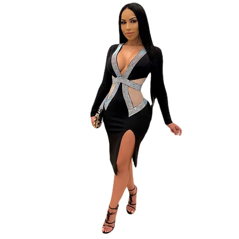 Sexy V-Neck Long-Sleeved Dress Net Yarn Hot Rhinestone Tight-Fitting Hip Pencil Skirt 2021 Autumn Casual Women