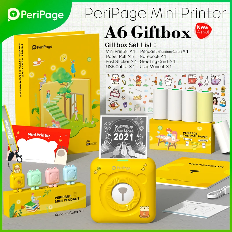 

Peripage A6 203dpi Portable Thermal Bluetooth Pocket Photo Printer Economic Bundle Giftbox Set Yellow Color Label Printer Regalo