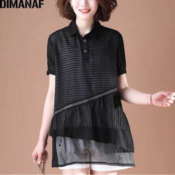 

DIMANAF Summer Plus Size Blouse Shirts Women Clothing Oversize Elegant Lady Tops Tunic Casual Loose Solid Black Spliced Striped