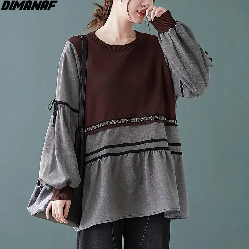 

DIMANAF 2020 Plus Size Women Hoodies Sweatshirt Spliced Knitting Pullover Casual Style Vintage Cotton Autumn Oversize Tops Tees
