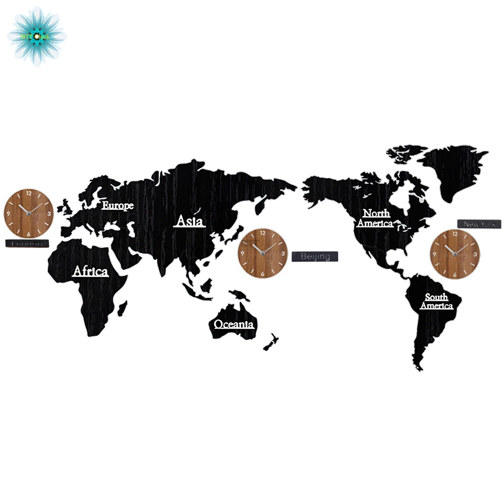 

DIY 3D World Map Wall Clock Large Wooden MDF Digital Wall Clock Wood Watch Modern European Style Round Mute Relogio De Parede