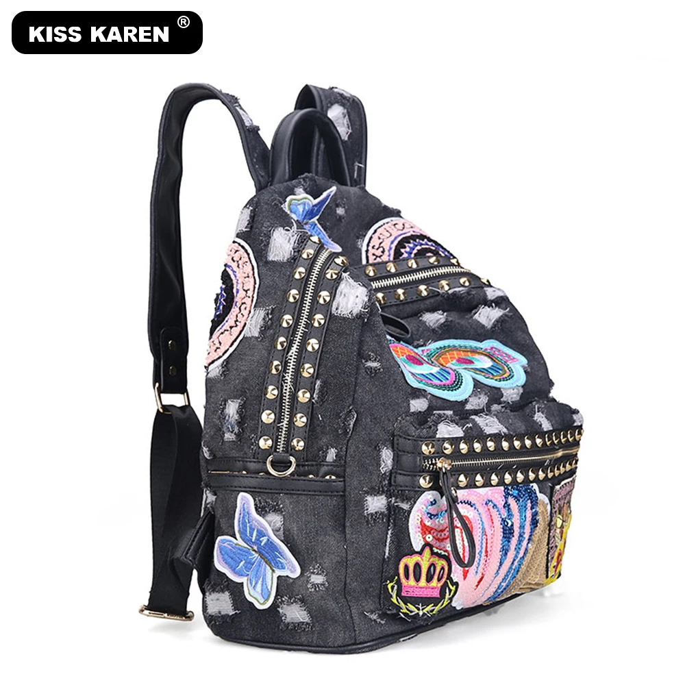 KISS KAREN, Модный женский рюкзак с заклепками, джинсовые рюкзаки, женские рюкзаки, рюкзак для девочек, сумка, повседневный рюкзак
