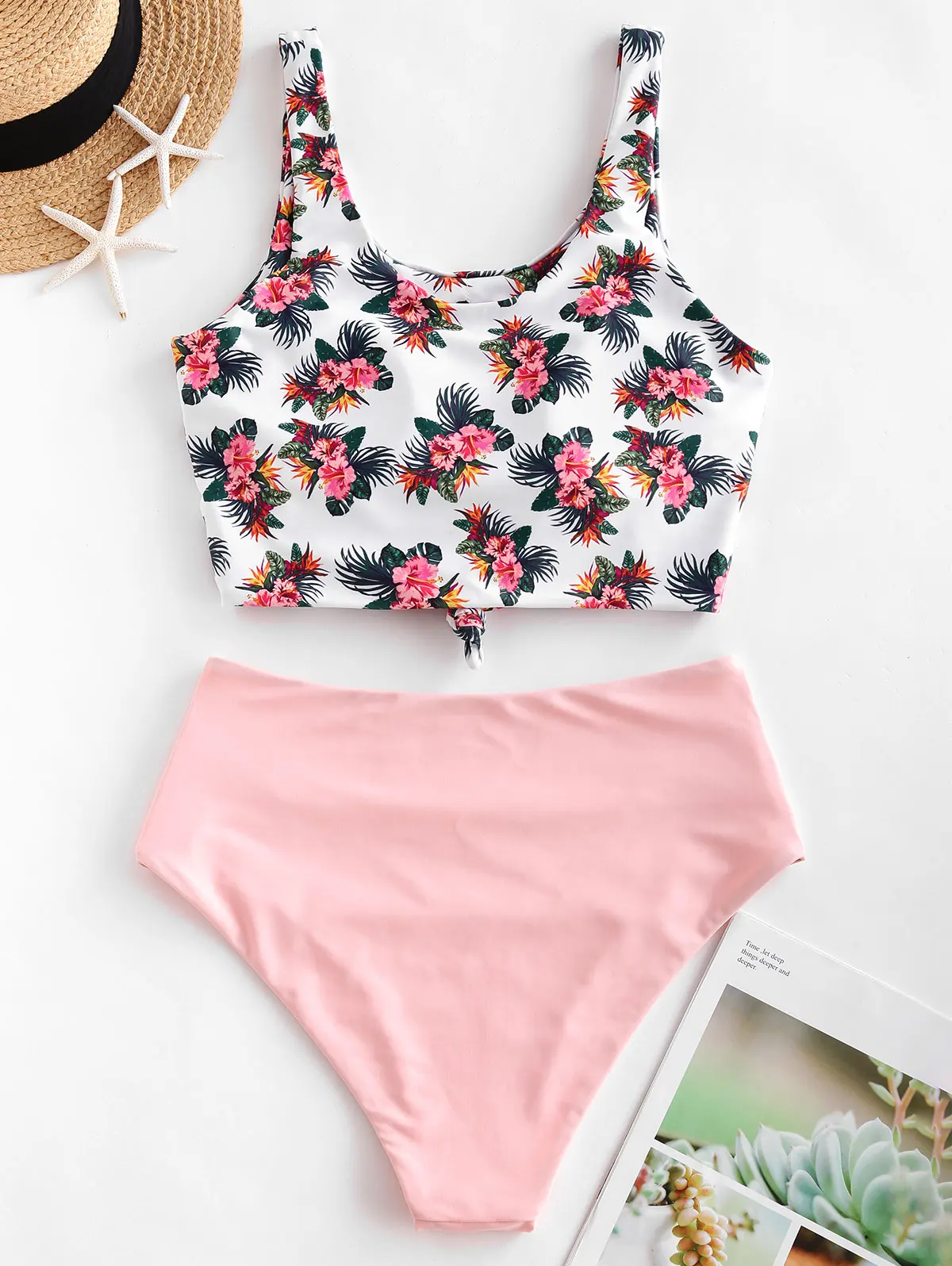 ZAFUL Women Flower Print Knot High Rise Tankini Swimsuit High Waisted Ruched Tankini Bathing Suit Contrast Two Piece Swimwear