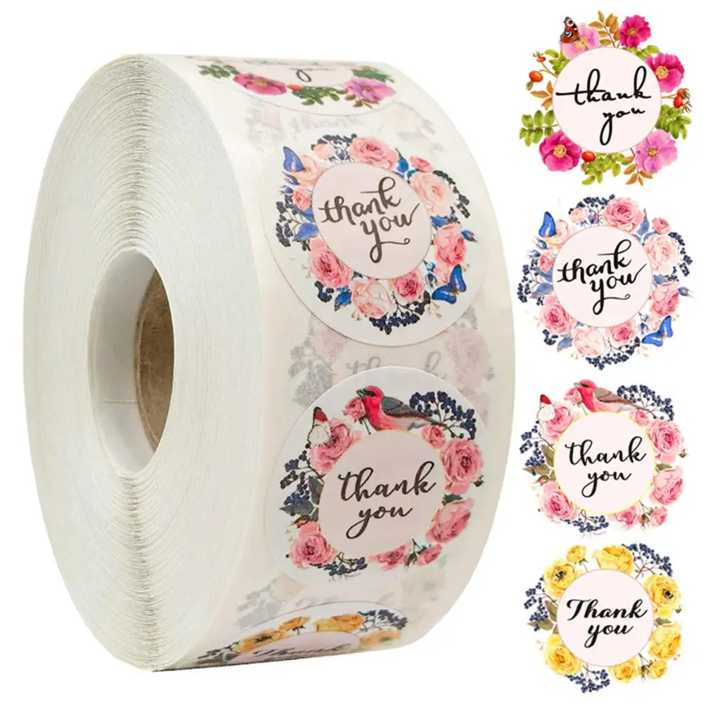 

500PCS a roll of 4 Patterns Round Flower Thank You Sealing Sticker Envelope Wedding Holiday Gift Decoration Sticker