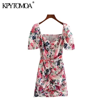 

KPYTOMOA Women 2020 Chic Fashion Floral Print With Belt Mini Dress Vintage V Neck Short Sleeve Female Dresses Vestidos Mujer
