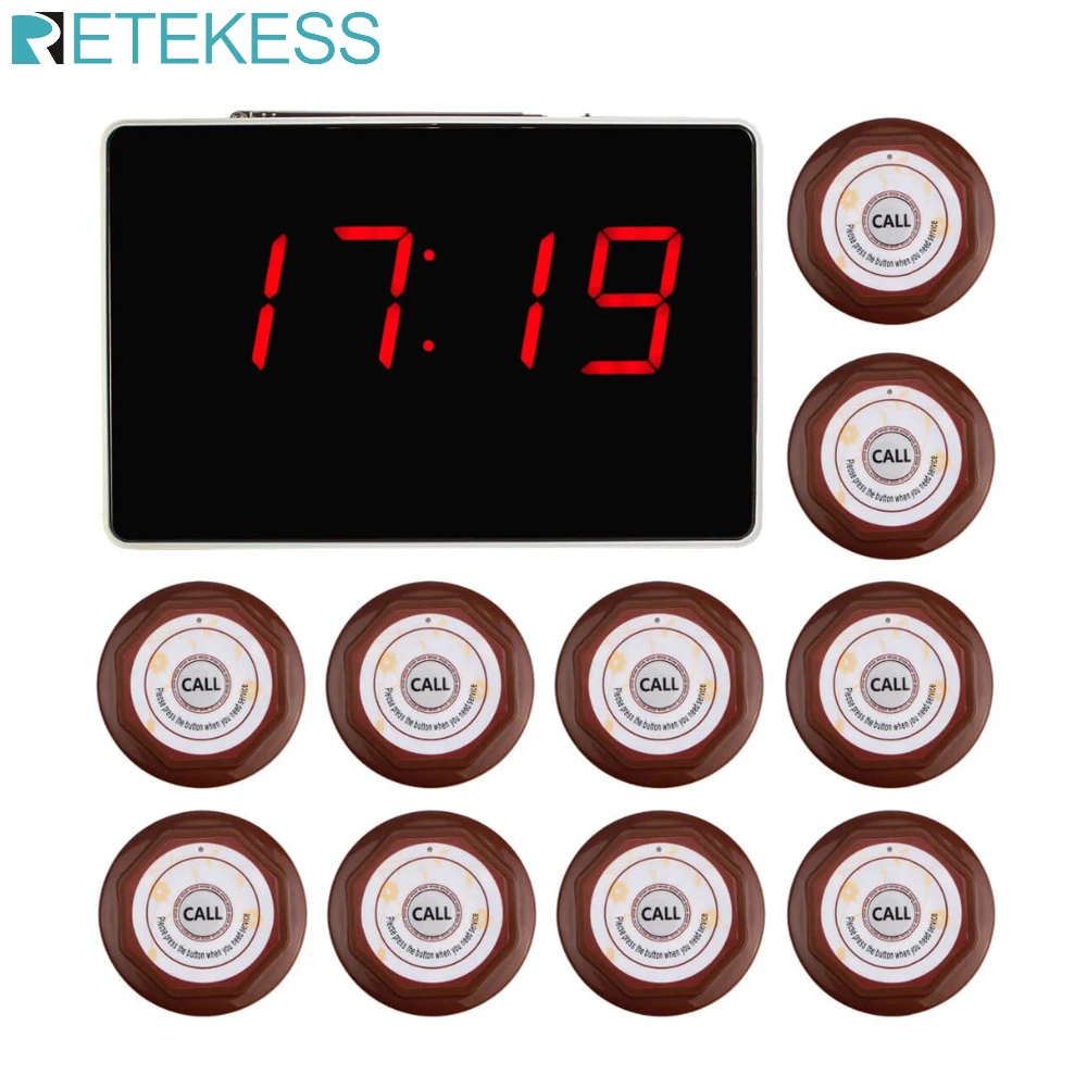 

Retekess Call Customer Service Wireless Calling System Voice Report Receiver Host+10pcs Call Button Restaurant Pager F3360