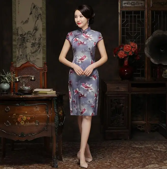 Китайский традиционный стиль Cheongsam элегантное женское платье ручной работы на пуговицах воротник стойка сексуальная длина до колена платье Размер m-xxxl - Цвет: 005