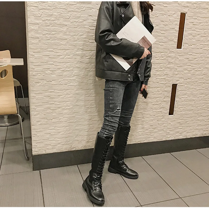Autumn New Women Mid Calf Boots Low Heel Ladies Lace Up Cross Tied Round Toe Platform Motorcycle Long Boots Female Fashion Shoes