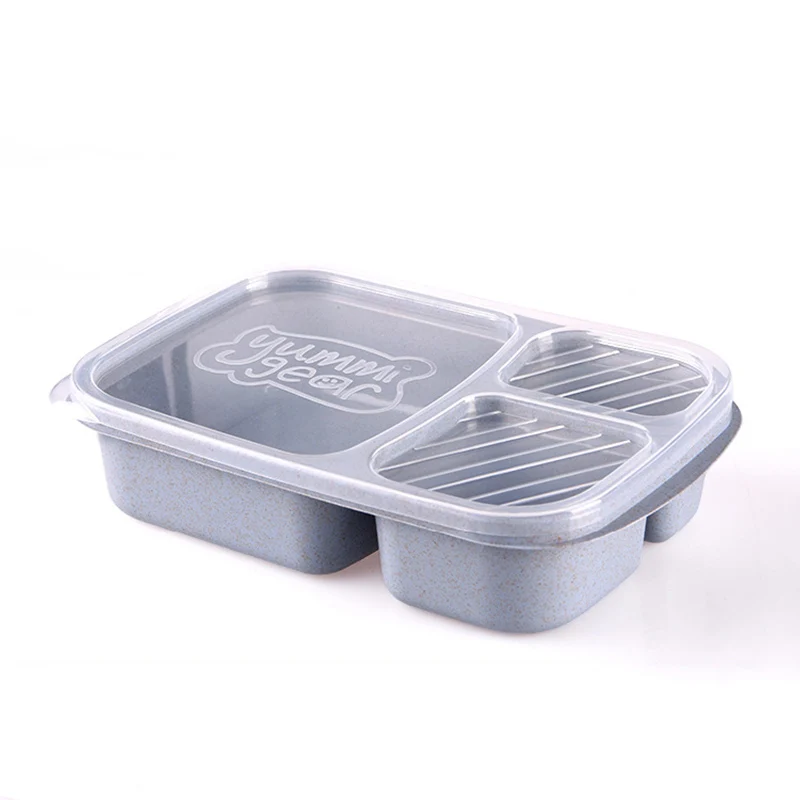 3 сетки Ланч-бокс Пшеничная солома контейнер для хранения еды Дети Школа Офис портативная микроволновая столовая посуда bento box - Цвет: Blue