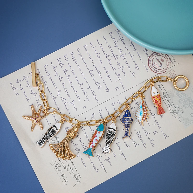 Bohemia Ocean Beauty Charms Bracelet Bangle Hand Enamel Fishes Conch Seastar Tassel Pendants Toggle Bracelet Pulseras - Image 5