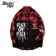 Harajuku плед рубашки для мужчин хип хоп печатных Лоскутная уличная рубашка модная повседневная с длинным рукавом Мужская Дизайнерская одежда высокого качества