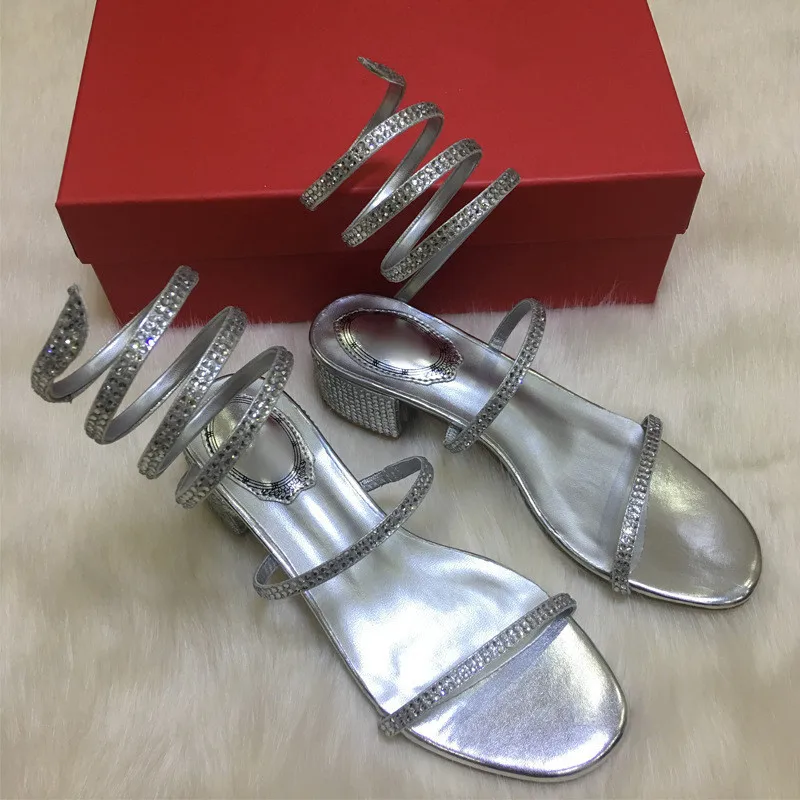 Narrow Two Strap Sandals Women Open Toe Chunky Med Square Heel Party Shoes Bling Crystal Sandalias Sexy Summer Sandals Women