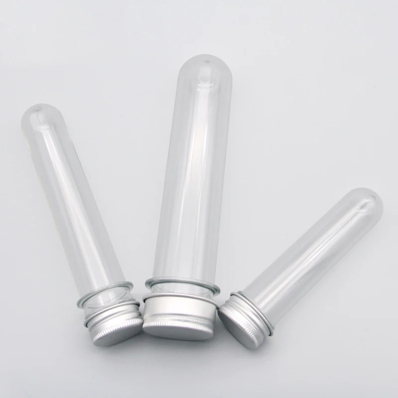 

30ML 40ML 100ML 50pcs Excellent Plastic Transparent Test Tubes Aluminum Cap Empty Bottles Bath Salt Candy Bottles